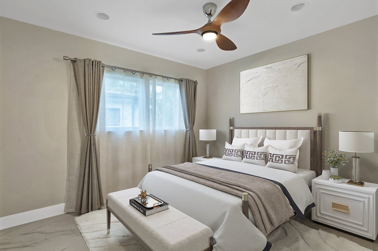 virtual staging of a guest bedroom with wood style furniture