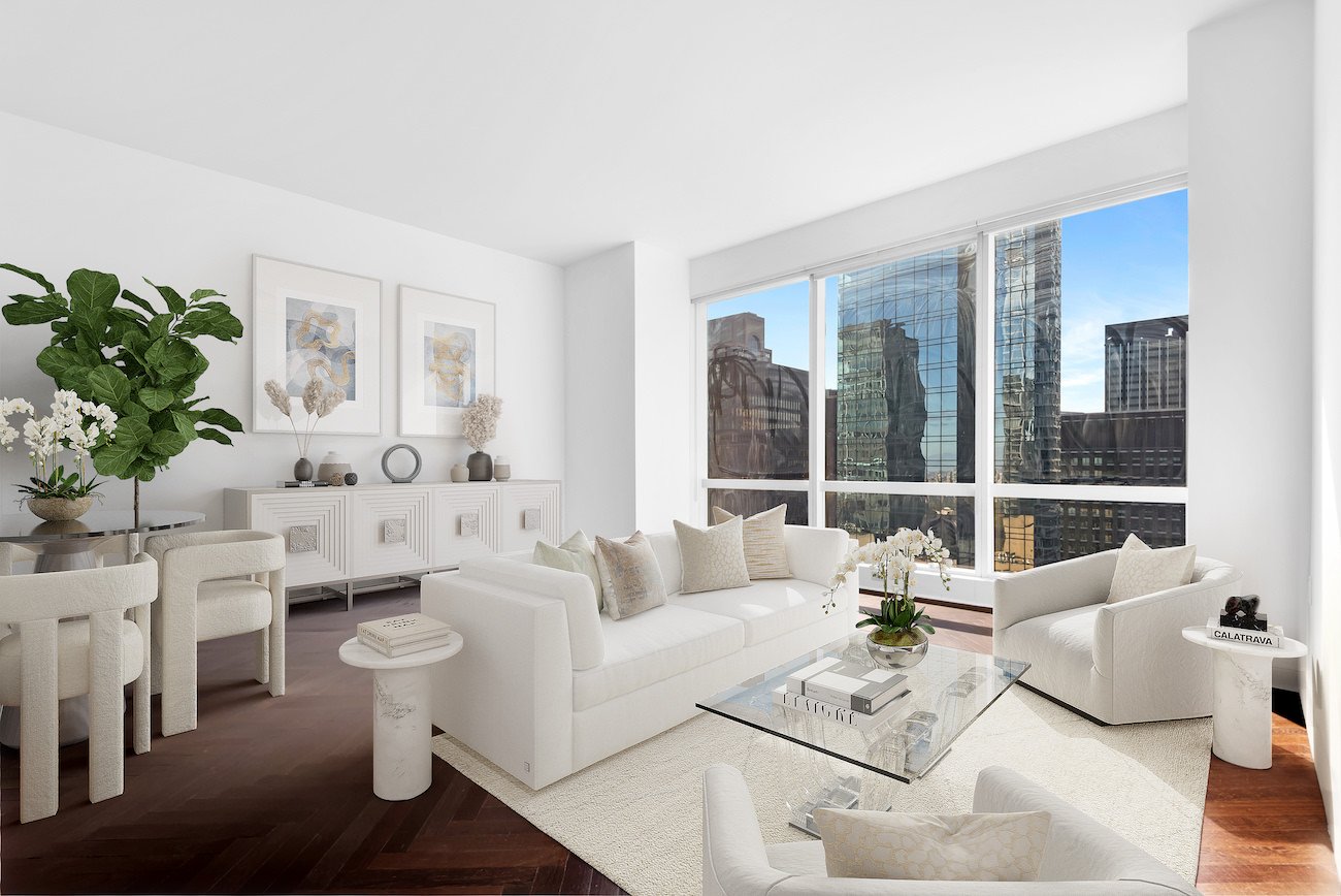 virtual staging of a New York city living and dining room.