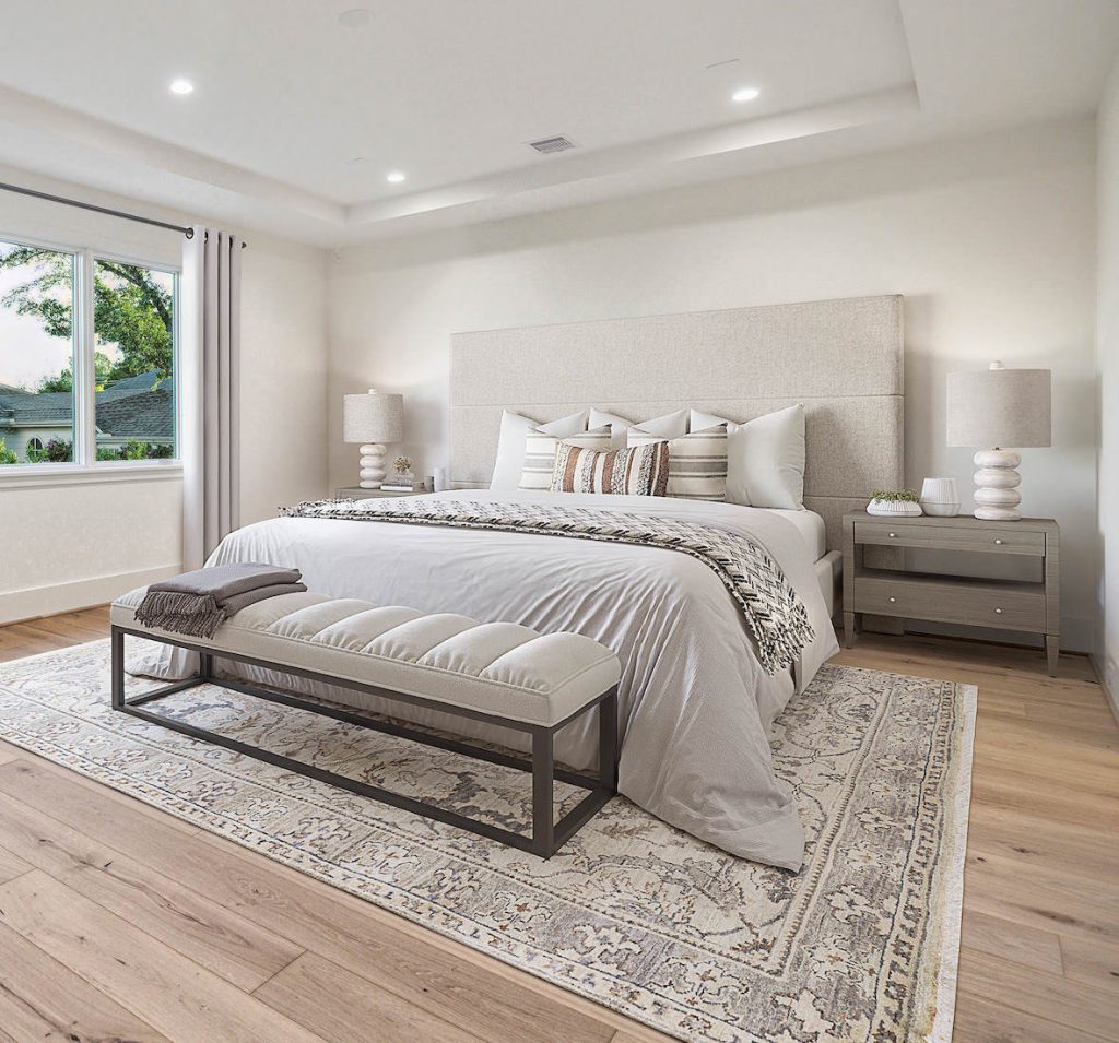 virtual staging of a bedroom in california using light colors and a contemporary style