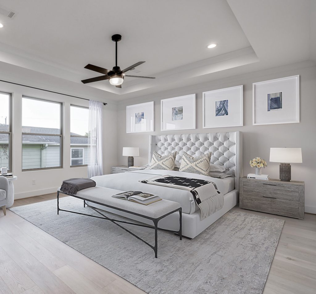 virtual staging of a bedroom in Chicago using neutral furniture and a Hermes blanket