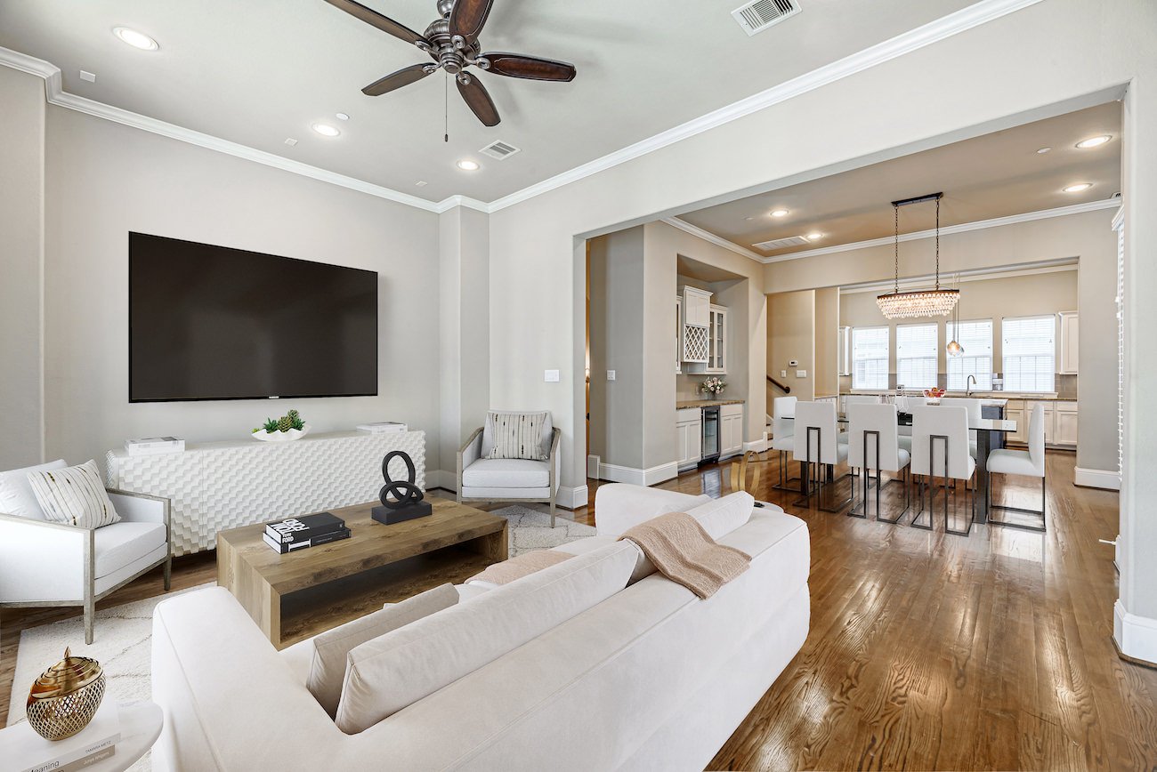 virtual staging of a large room using white furniture accents in chicago