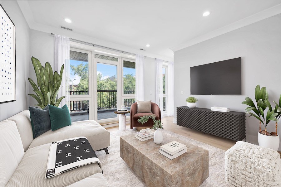 virtual staging of a living room in Chicago using contemporary furniture with color