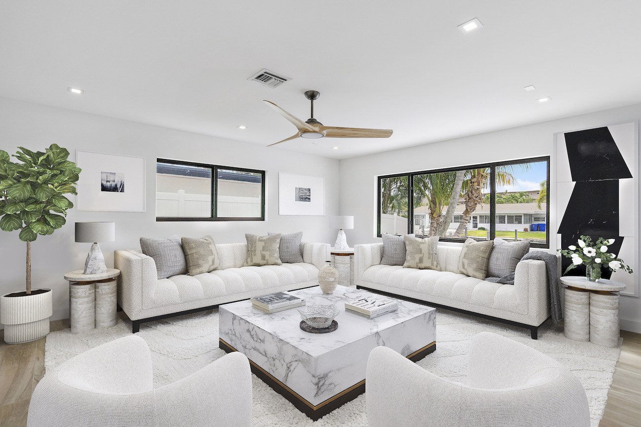 virtually staged living room with light furniture in Florida