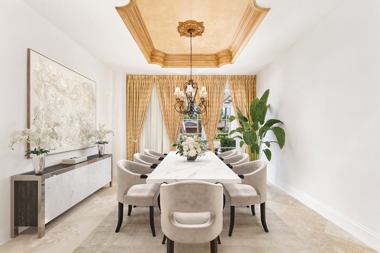 virtual staging of a luxury dining room with transitional furniture