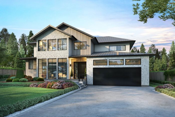 3d rendering of the front elevation of a home in california using stone features